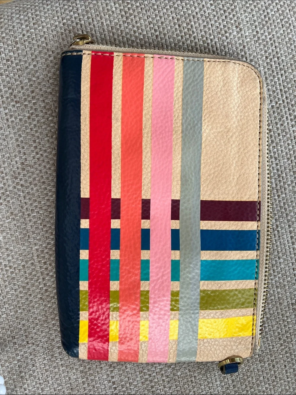Tory Burch Multistripe Leather Zip Around Pouch in Navy, Red, Pink & Yellow